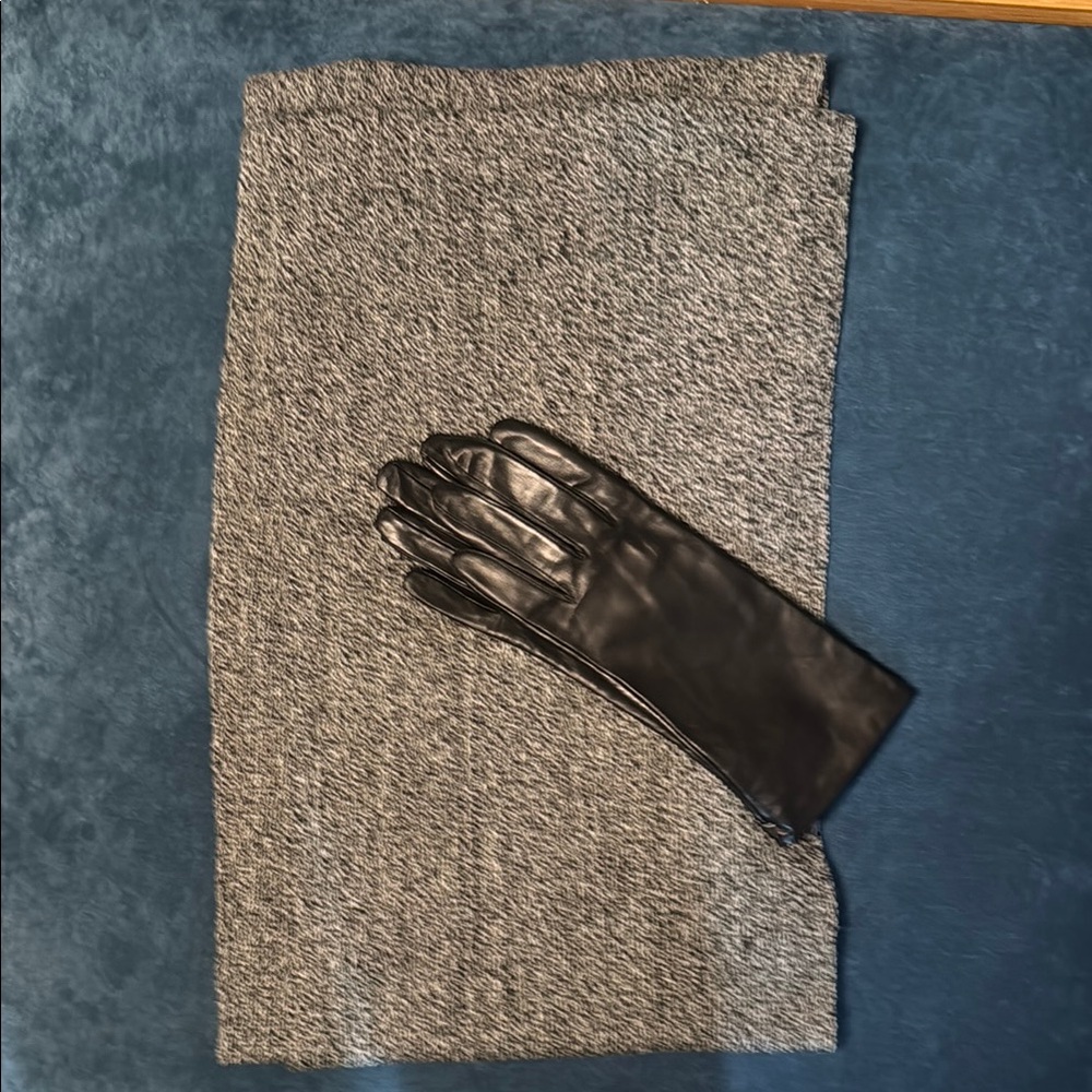 Black Leather Gloves and Black and White Knit Scarf